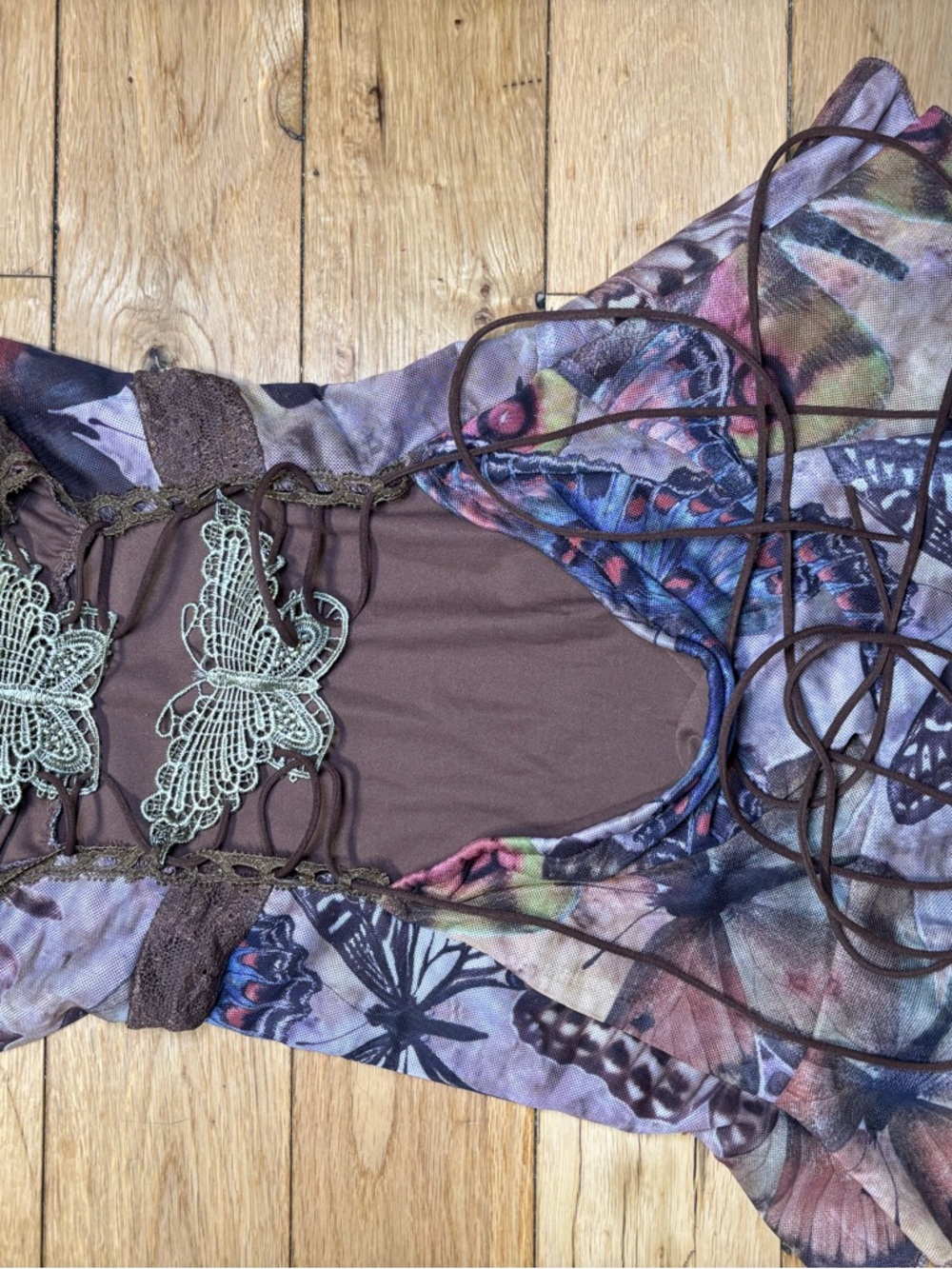 ROMWE Butterfly Fairycore Dress Cottagecore Lace Up Ruffle Mini Dress - Picture 5 of 5